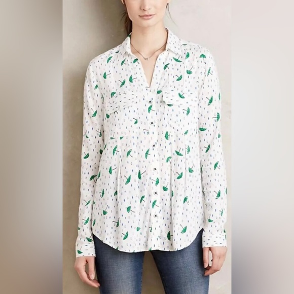 Anthropologie | Maeve Long Sleeve Whimsical Umbrellas & Rain Drops Blous… - Picture 1 of 8